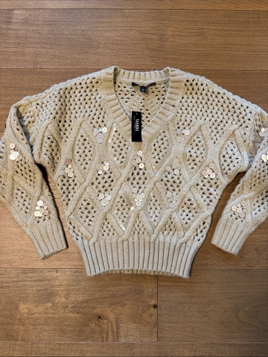 White House Black Market Sweaters - White House Black Market Cream Sequin-Embellished wool Open Knit V-Neck Sweater